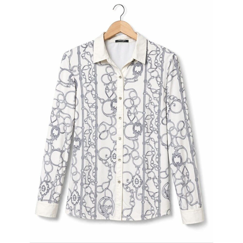 J. McLaughlin Creamy White Chain Print Long Sleeve Button Front Stretch Blouse